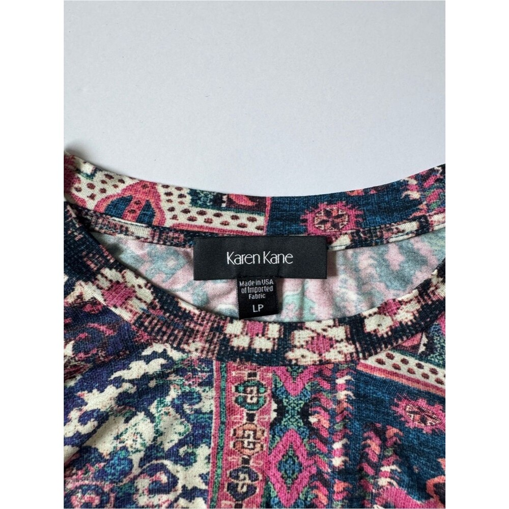 Karen Kane Pink Multicolor Abstract Print Drape Front Top Size Large Petite NWT - Picture 3 of 8